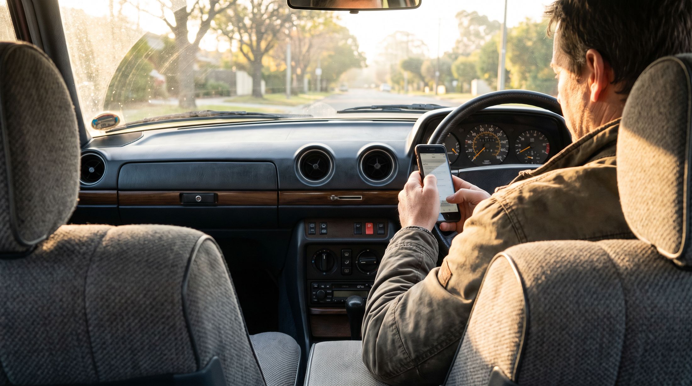 A driver holding their phone in the car