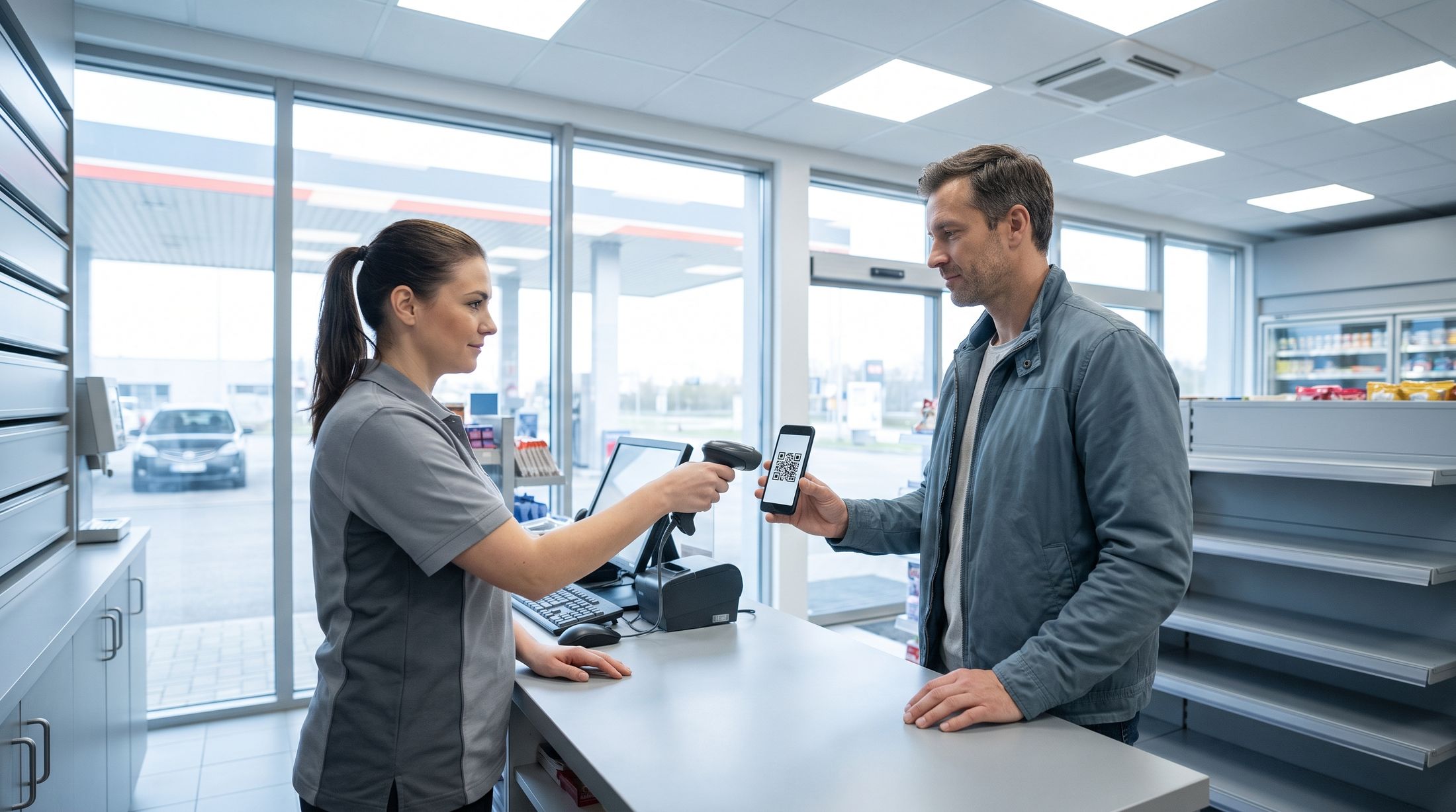 A cashier scanning a customer's phone at the counter