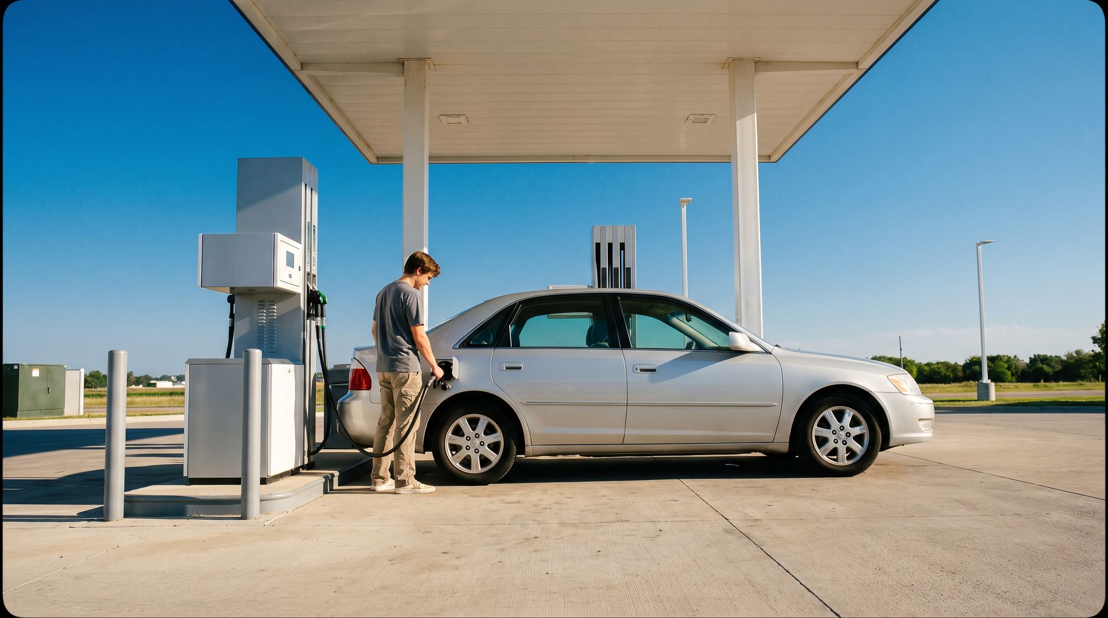 A fuel nozzle in a car at a modern pump