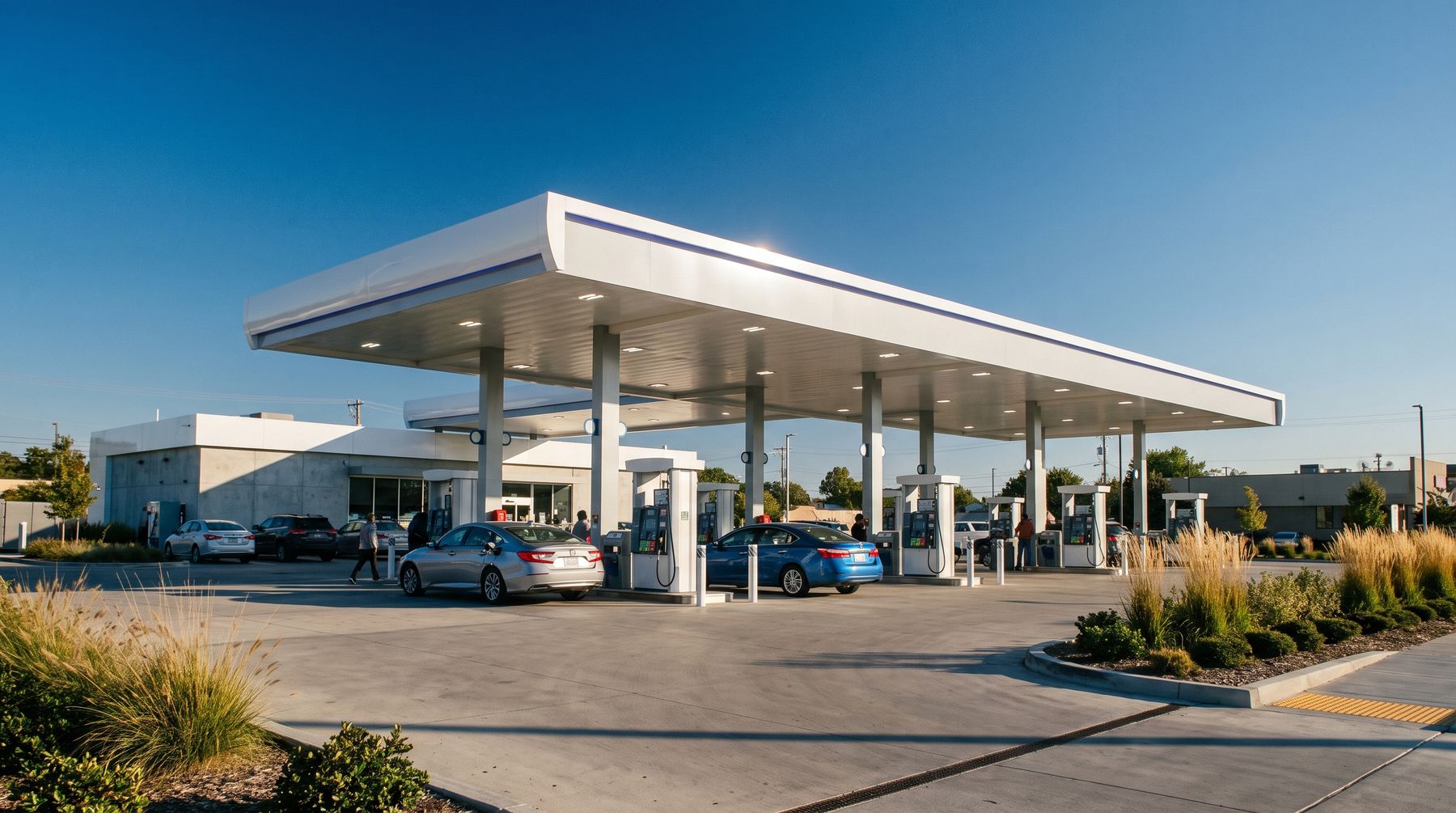 A modern fuel station forecourt